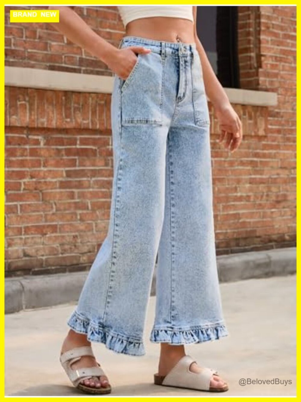 High Waisted Wide Leg Cropped Ruffle Hem Jeans with Pockets - Picture 2 of 7